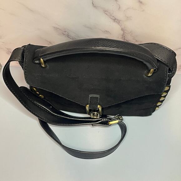 Lionel Black Suede & Leather Crossbody Bag / Top Handle Bag w/ Gold Brass Studs - Picture 5 of 14